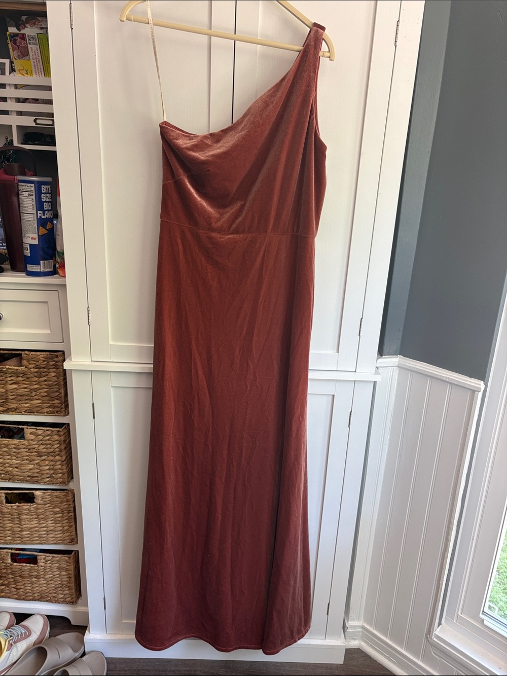 Jenny Yoo One-Shoulder Maxi Dress in Rust/ rose gold